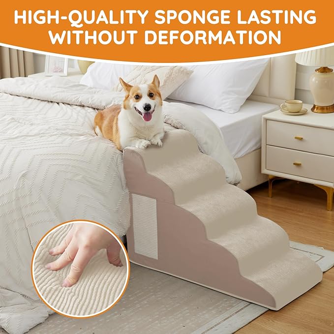 Dogs Steps for Bed, Dog Stairs for Small Dogs, 4-Step Dog Ramp for Bed, Couch, Sofa, and Chairs, Non-Slip Bottom Design, Cat Scratching, High Density Foam Portable Pet Step, Indoor, Beige