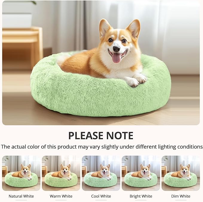 JOLLYVOGUE Calming Small Dog & Cat Bed for Indoor Cats - 20 inches Washable Donut Bed for Kittens & Puppies, Anti-Anxiety Round Fluffy Plush Pet Beds (Fits up to 15 lbs, Light Green)