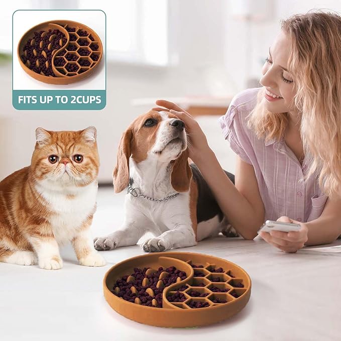 Slow Feeder Dog Bowls, Silicone Pet Food Bowls with Suction Cups, Non-Slip Dog Feeding Slow Down Pet Eating Speed for Fast Eaters, Anxiety Relief & Fun Added (Brown)