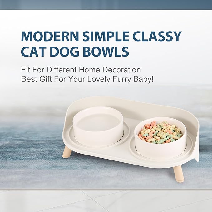 Raised Cat Food and Water Bowl Set - Elevated Ceramic Dishes With Non-Slip Stand and Splash Guard for Small Dogs - 2 x 480 ML (16.2 OZ)