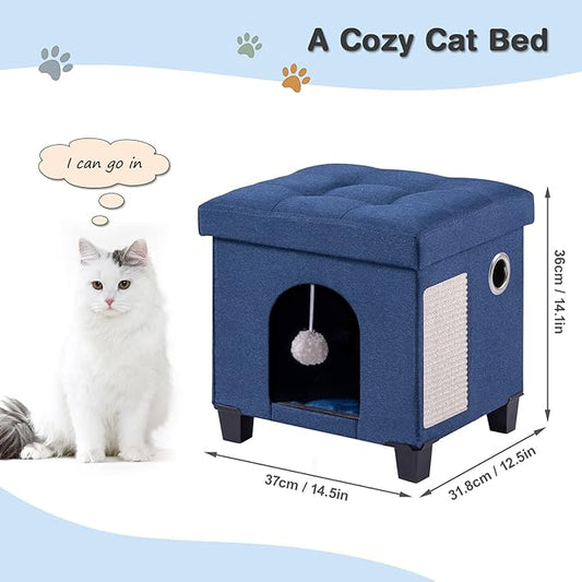 BRIAN & DANY Foldable Cat House, Cat Cave, Cat Cube with Scratch Board & Ball, 14.7" x 14.1” x 12.7”, Blue