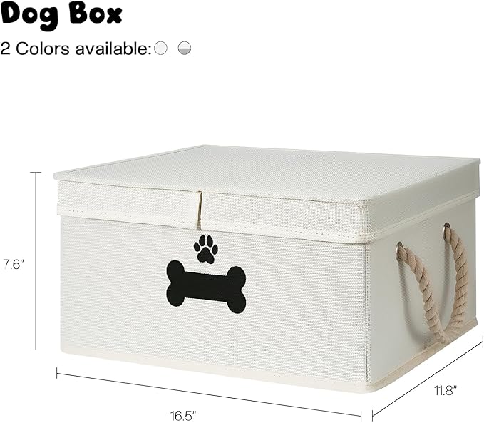Dog Toy Basket with Double-Open Lid, Divided Dogs Basket for Toys, Collapsible Pet Toy Box, Dog Storage Organizer with 2 Divided Area, Puppy Toys Baskets with Rope Handles, Beige