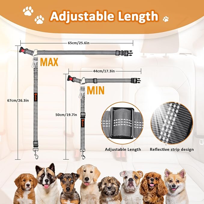 Removable Dog Seat Belt Harness for Car, 3 in 1 Pet Dog Car Seatbelt Leash, Retractable Restraint Secures to Vehicle Headrest & Adjustable Reflective Bungee Dog Seatbelt Tether, Grey