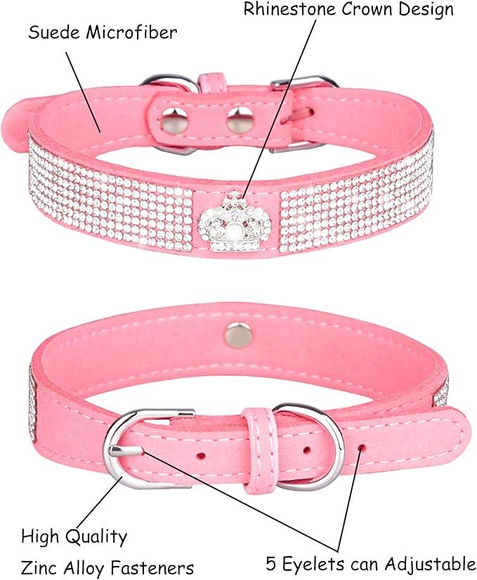Bling Dog Collar for Small Medium Large Dogs, Crown Rhinestone Dog Collars for Girl and boy Dog, Diamond Puppy Collars, Adjustable Leather Suede SOFE Cat Collar (L(15"-18.1"/38CM-46CM), Pink)