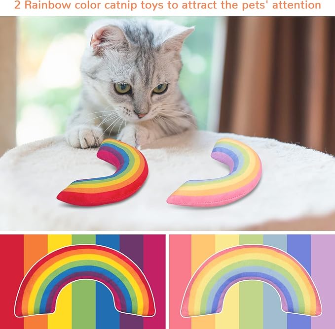 Catnip Toys for Indoor Cats Kitten, Kitty Toys Rainbow Cat Kicker Pillow 2Pcs, Interactive Fun Cat Nip Chew Teeth Cleaning Toys for All Pet Breed