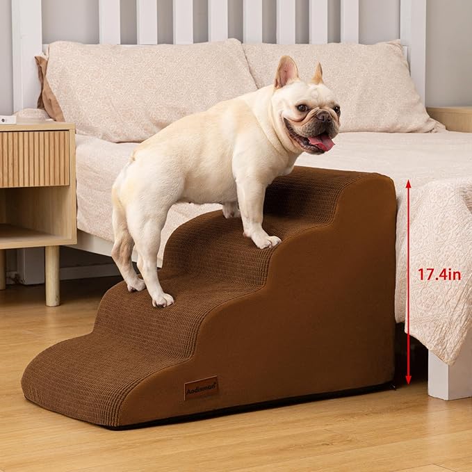 4-Step Dog Stairs and Ramp for Beds or Couches – Non-Slip Sturdy Pet Steps for Small Dogs and Cats,17.4" H,Brown