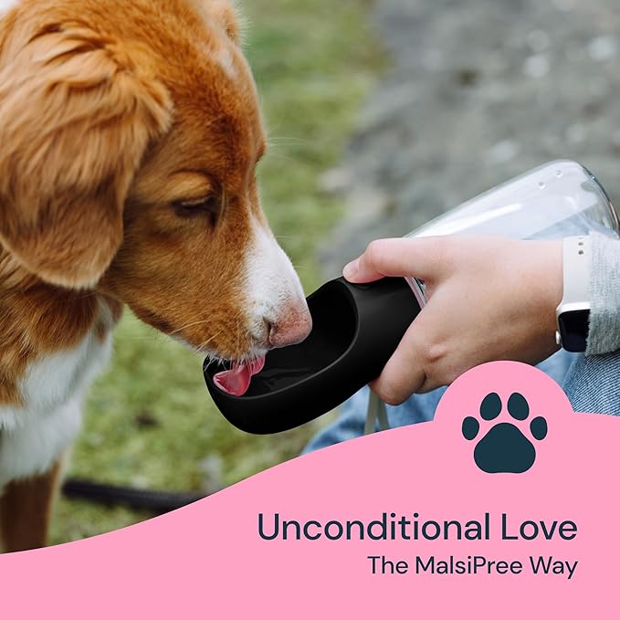 MalsiPree Dog Water Bottle Dispenser - 12 oz Black - Leak-Proof Lock & One-Hand Operation - On The Go Dog Water Dispenser - Pet Travel Bottle with Built-in Bowl, Travel & Hiking Ready