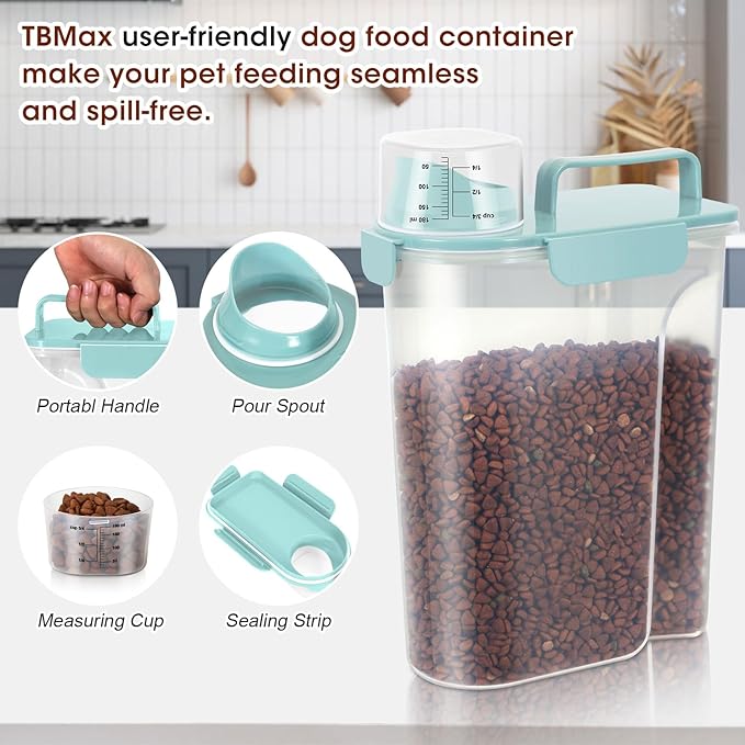 TBMax Dog Food Storage Container 5-7 lbs, Airtight Cat Food Container with Large Spout & Measuring Cup, Pet Food Storage Dispenser for Kibble Storage, Dog Treat Bird Seed Container -Light Blue
