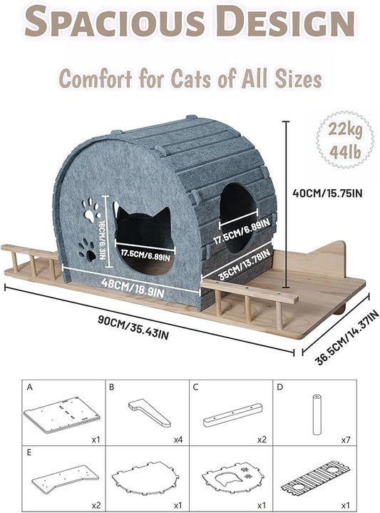 Wall Mounted Cat Shelf Bed – Large Felt Cat Furniture with Dual Entrances & Solid Wood Base, Floating Perch for Indoor Cats, Wall Shelves & Modern Furniture,Gray