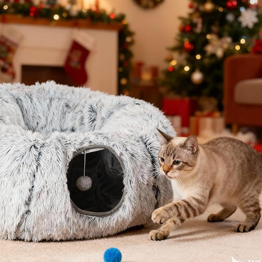 Odoland Cat Tunnel Bed with 20 Cat Toys - Indoor Plush Kitten Couch,Detachable Cats Cave Donut Tunnel & Soft Kitten Toy Set-Cozy Cat Furniture Grey