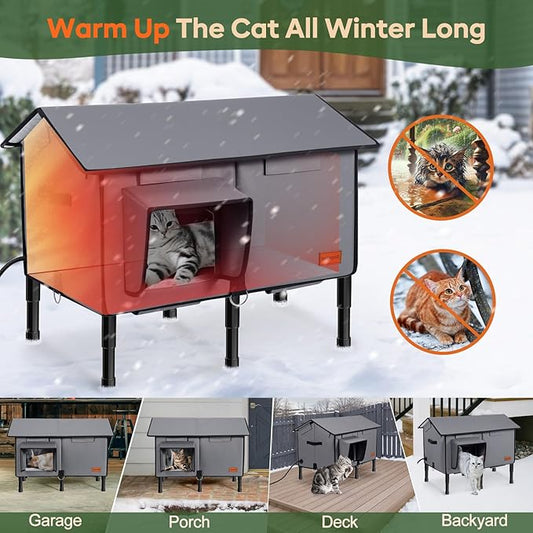 Upgraded 100% Weatherproof Large Heated Cat House for Outside Cat with Cozy Cushion &Safe Escape Door,Gable Roof Design, Insulated Outdoor Cat Shelter with Soft Heater for Feral Barn Cat Kitty
