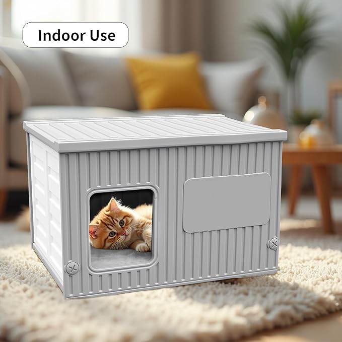 Waterproof Outdoor Cat House with Soft Mat, Plastic Cat Houses for Outdoor Cats Feral Cat House, Sturdy Cat Bed for Small Pet, Spacious, Assemble Easily-Grey