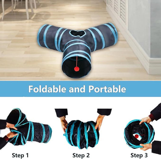 Cat Tunnel Tube Toys,Tunnels for Indoor Cats, 3 Way Blue Collapsible Interactive Toy with Balls for Rabbits, Kittens, Ferrets, Puppy