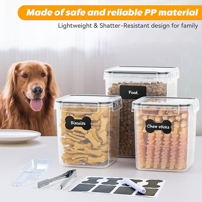 Dog Treat Storage Container Airtight for Countertop, Dog Treat Jar with Lid for Food Storage Organizer, 3 Pack Pet Food Holder for Kitchen with Scoops, Gift for Pet Owners
