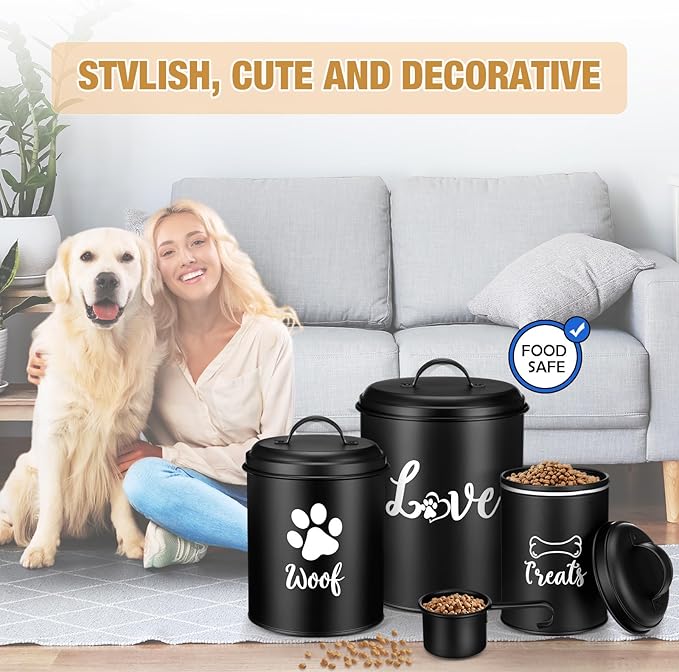 Dog Food Containers Set of 3 with Lids and Spoon Airtight Metal Dog Treat Snack Jars with DIY Labels Big Pet Cookie Storage Jar for Farmhouse Kitchen Counter(Black)