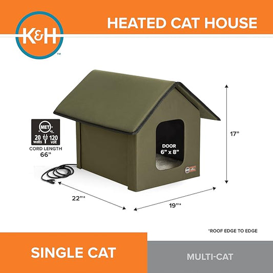 K&H Pet Products Heated Outdoor Cat House for Outside Pets in Winter, Weatherproof Outdoor House for Ferals, Insulated Kitty Shelter, 2 Doors, Waterproof Heated Cat Bed, Safety Listed - Olive/Olive