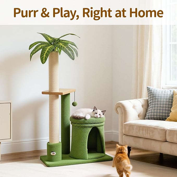 Cat Tree Tower Scratching Post Stand for Indoor, 41" Compact Palm Tree Kitten House Condo with Cozy Bed for Small Cats, Space Saving Design, Supports Climber Scratch Playing and Rest