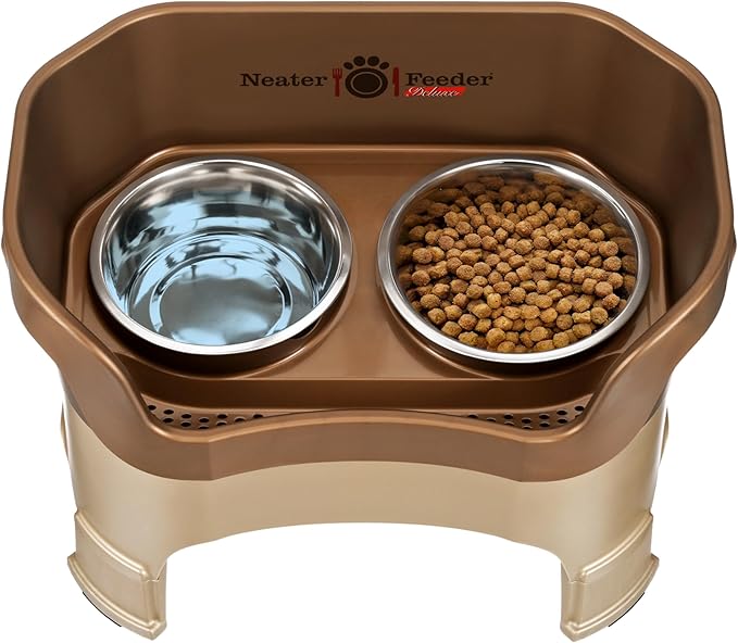 Neater Feeder Deluxe Mess Proof Dog Bowls Elevated for Large Dogs – Made in USA – No Spill Raised Dog Food Bowl Stand w/Leg Extensions – Stainless Steel Dog Food and Water Bowl Set – Bronze