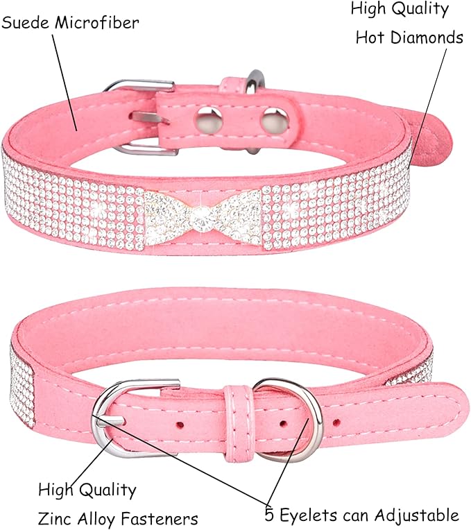 Bling Dog Collar for Small Medium Large Dogs, Crown Rhinestone Dog Collars for Girl and boy Dog, Diamond Puppy Collars, Adjustable Leather Suede SOFE Cat Collar (S(10.6"-13"/27CM-33CM), Pink2)