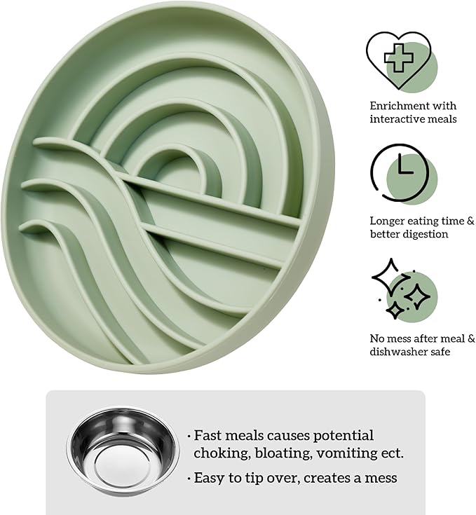 OHMO Slow Feeder Dog Bowls (Sunrise, Sage Green) Enrichment Toy Soft Silicone Food Safe Feeding Bowl Non Slip Suction Cup for All Breed Pet, Cat Slow Down Eating Dishes, Boredom and Anxiety Reducer