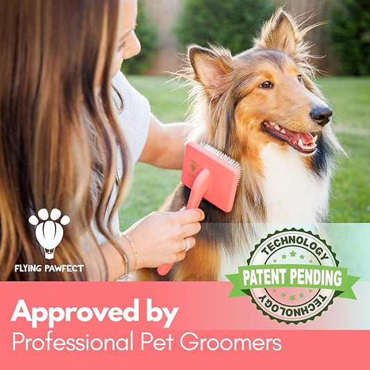 Pet Slicker Brush With Soft Massage Grooming Stainless Steel Pins - For Dematting, Shedding Fur, and Undercoat - Ideal Gift for Professional Pet Groomers - Long Slicker Brush (Coral, Flat Medium)