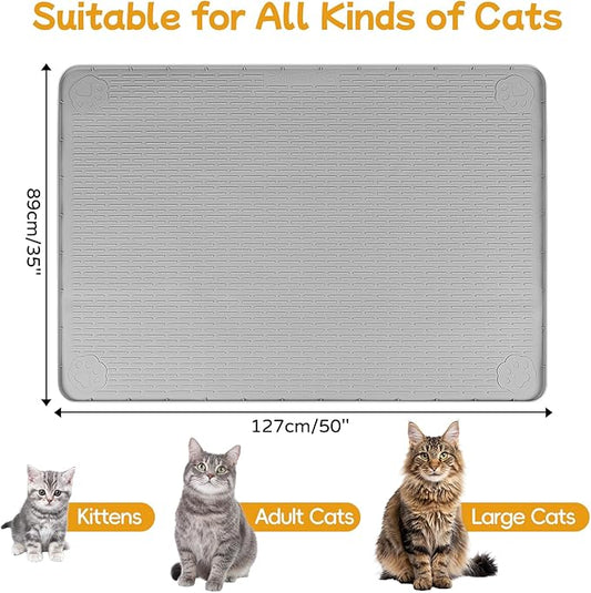 Lanstics Cat Food Mat, 50" x35" Large Silicone Mat Cat Feeding Mat with Raised Edge Non-Slip Pet Feeding Mat for Food and Water Bowl, Easy to Clean, Floor Protection (Gray)