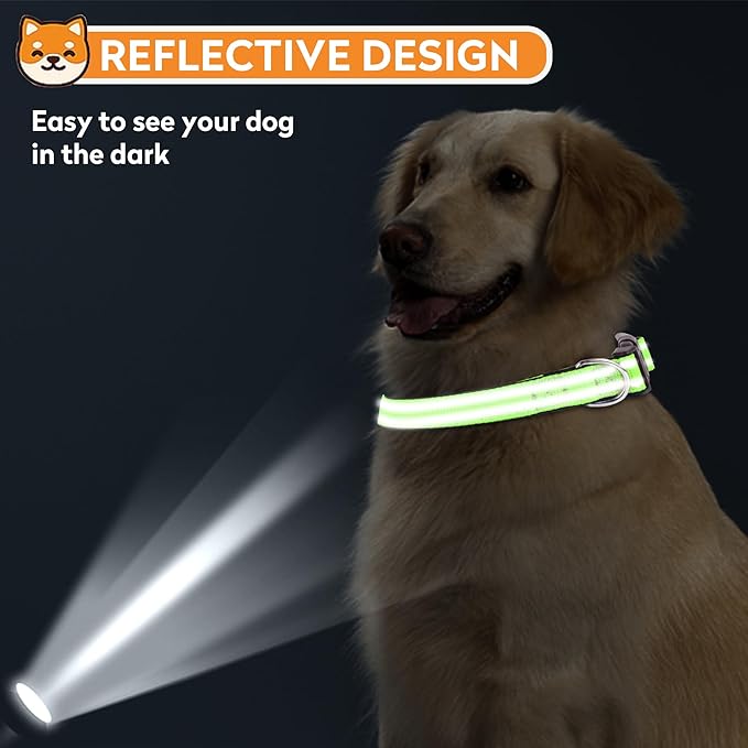Reflective Dog Collar, Adjustable Soft Neoprene Padded Nylon Pet Collars with Buckle for Large Dogs, Green,L