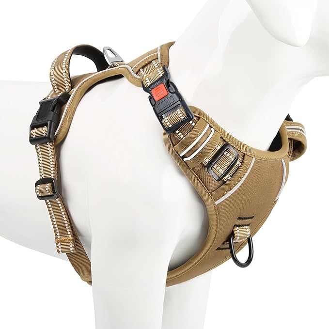 Timos Dog Harness Large Sized, No Pull Pet Harness with Neck Lockable Snap,No Choke Front Clip Dog Reflective Vest,Adjustable Metal Rings 3 Buckles,Easy Control Handle for Large Dogs Khaki L