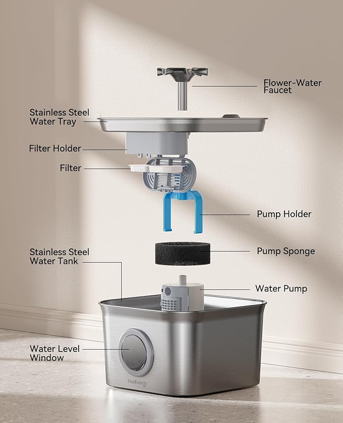 Stainless Steel Cat Water Fountain, 2.8L with 20dB Ultra-Quiet Pump- Ideal for Timid Pets, LED Water Level Window, Dishwasher Safe, 24/7 Circulation- Includes 3 Replacement Filters