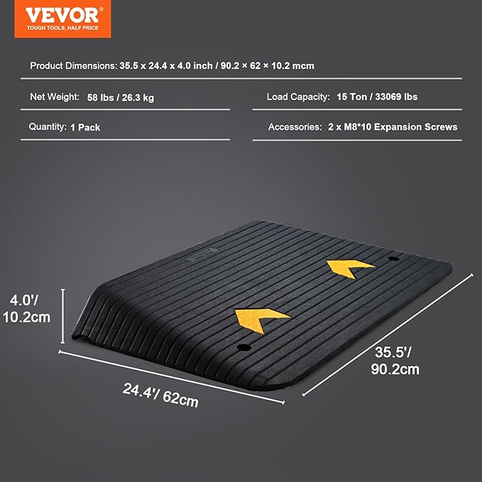 VEVOR 4" Rise Rubber Threshold Ramp, 35.5" Wide Wheelchair Ramp Doorway, Natural Curb Ramp, 33069Lbs Load Capacity, Non-Slip Textured Surface Rubber Curb Ramp for Wheelchair and Scooter