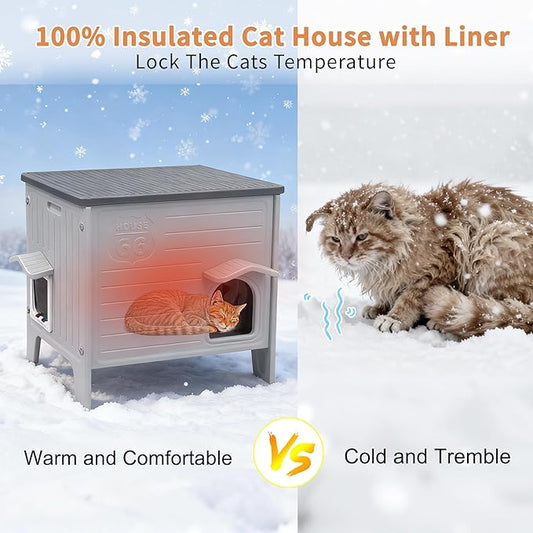 Rockever 100% Insulated Outdoor Cat House with Insulated Liner for Winter, Waterproof Feral Cat House for Outdoor Cats, Plastic Cat House for Outdoor Use with Escape Door, Clean Easily(M,Grey&Liner)