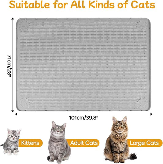 Lanstics Cat Food Mat, 40" x 28" Large Silicone Mat Cat Feeding Mat with Raised Edge Non-Slip Pet Feeding Mat for Food and Water Bowl, Easy to Clean, Floor Protection (Gray)