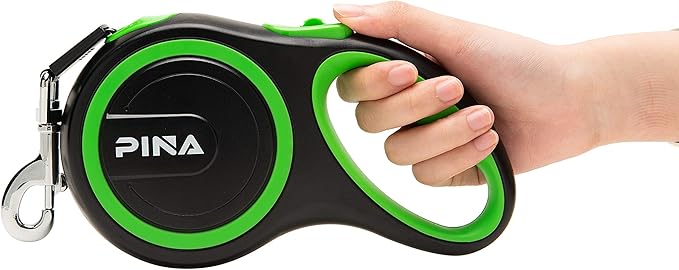 PINA Retractable Dog Leash, 10ft Dog Leash for Small Dogs Up to 33lbs, 360° Tangle-Free Strong Reflective Nylon Tape, with Anti-Slip Handle, One-Handed Brake, Lock - Black Green