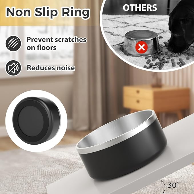 Stainless Steel Dog Bowls - Metal Dog Dish for Large Dogs, Insulated, Non Slip, Easy to Clean, 40oz, Black