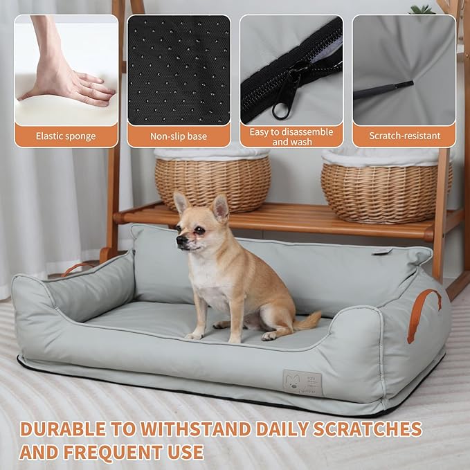Removable Orthopedic Dog Beds for Large Dogs, Leather Memory Foam Dog Sofa Bed, Waterproof Durable Dogs Bed Couch with Non Skid Bottom for All Pet Sizes (Silver Gray, Medium)