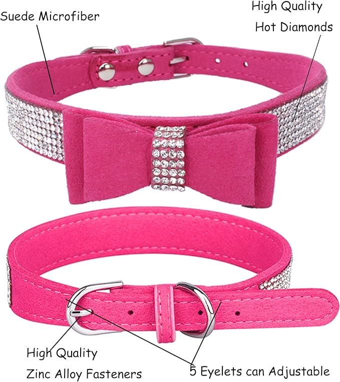 Bling Dog Collar for Small Medium Large Dogs, Crown Rhinestone Dog Collars for Girl and boy Dog, Diamond Puppy Collars, Adjustable Leather Suede SOFE Cat Collar (M(13"-15.4"/33CM-39CM), Rose Red3)