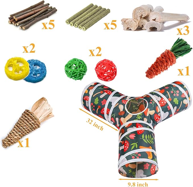 HERCOCCI Rabbit Toys, Bunny Tunnel & Tube, Collapsible 3 Way Rabbit Hideout Tunnel with Chew Toy for Bunny Guinea Pig Ferret Kitten