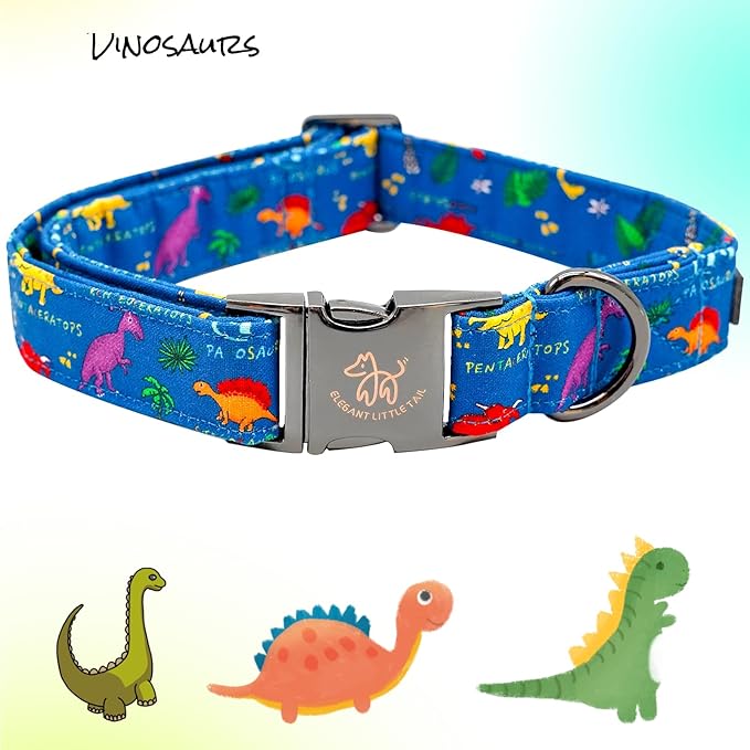 Elegant little tail Dog Collar, Blue Dinosaurs Pattern Pet Collar Durable Cute Dog Collars Male or Female Pet Gift Adjustable Dog Collar for Small Dogs