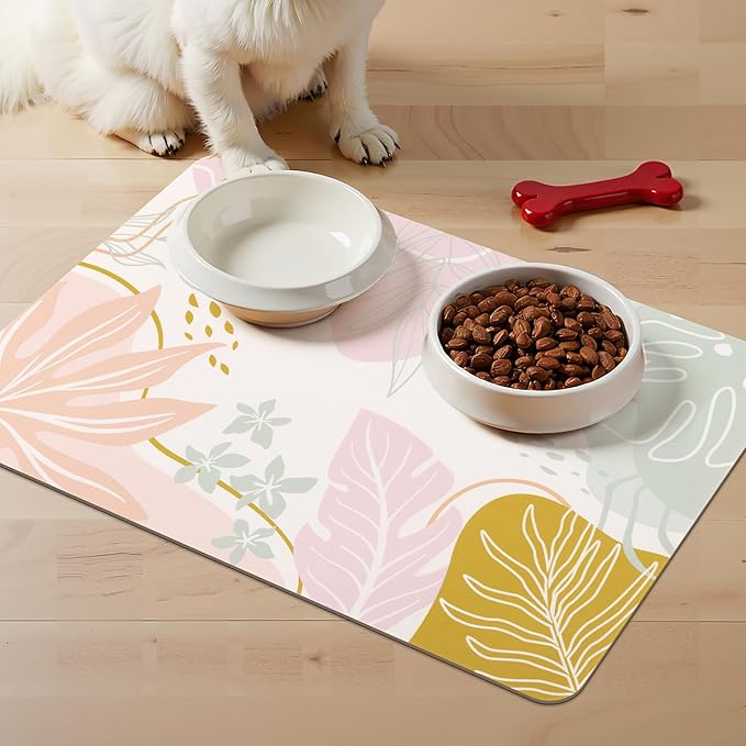 Topotdor Boho Dog Food Mat for Floors, Absorbent Quick-Dry Cat Pet Feeding Mat, Non-Slip Dog Bowl Mat for Food and Water, Pet Placemat for Dogs, Cats, Puppy Accessories, 12"x20", Pink