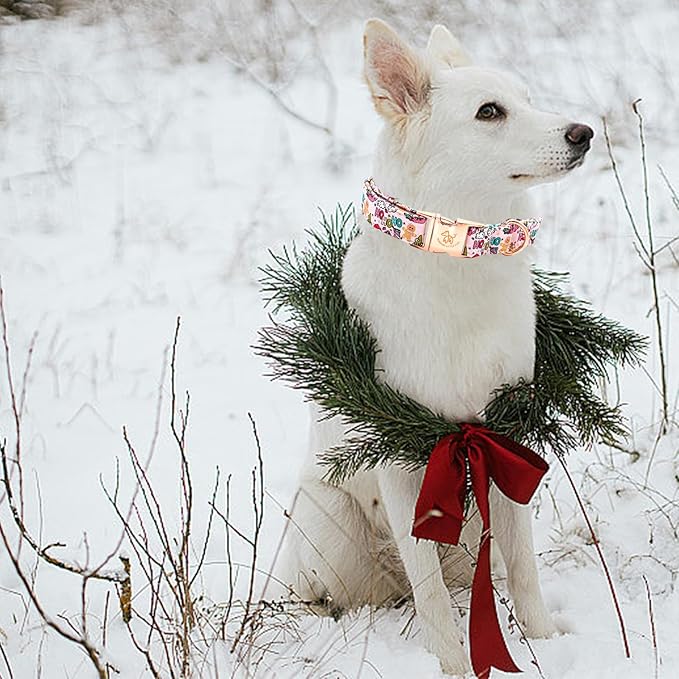 Elegant little tail Christmas Dog Collar, Pink Gingerbread Man Print Pet Collar Dog Durable Cute Dog Collars Winter Holiday Male or Female Pet Gift Adjustable Dog Collar for Large Dogs