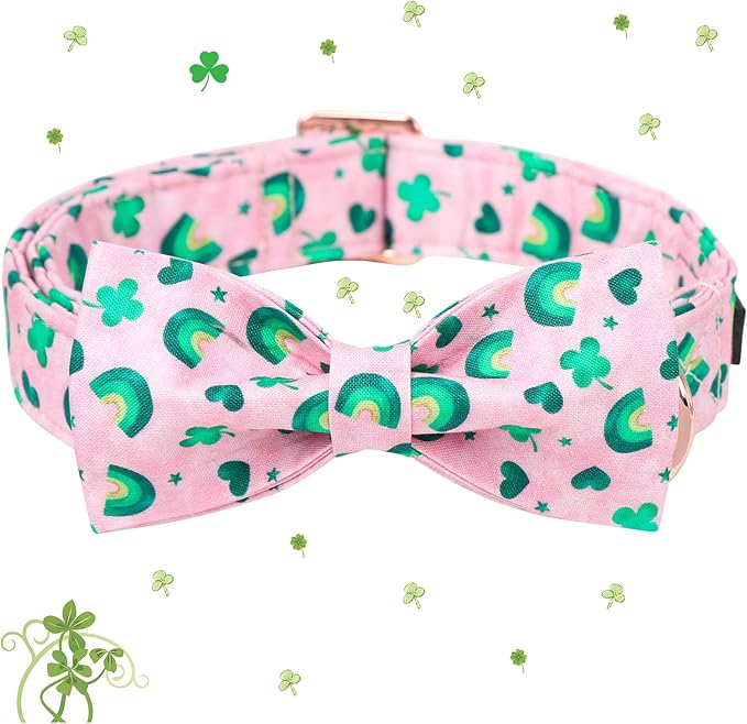 Maca Bates St. Patrick's Day Shamrock Dog Collar,Fancy Bow Tie,Small Girl Boy Dogs, Pink,Green Rainbow,Four Leaf Clover Pattern,Adjustable Durable Soft Collars Irish Gift for Male Female Puppy