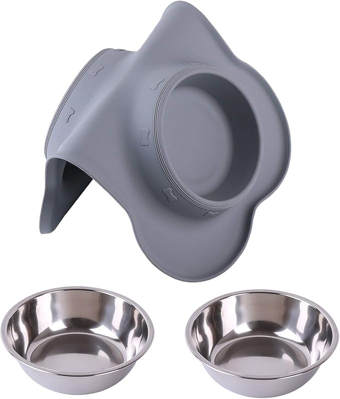 Hubulk Pet Dog Bowls 2 Stainless Steel with No Spill Non-Skid Silicone Mat + Pet Food Scoop Water and Food Feeder Bowls for Feeding Small Medium Large Dogs Cats Puppies ( Gray)