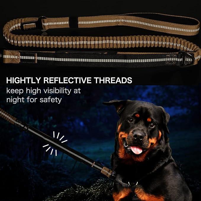 Heavy Duty Tactical Dog Leash with Quick Release Carabiner and Highly Reflective Threads,4-6FT Power Stretch Dog Leash for Medium Large Dogs (Brown & Black)