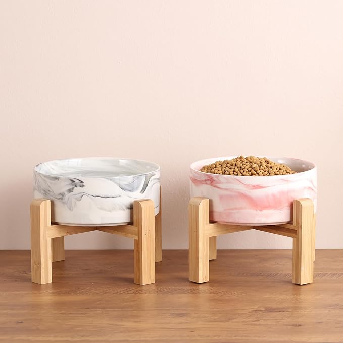 Raised/Elevated Ceramic Dog Bowl for Medium Large Sized Breeds,Dog Food Water Bowl with Stand,8 in 7.6 Cups Non Slip Heavy Weighted Marble Pink