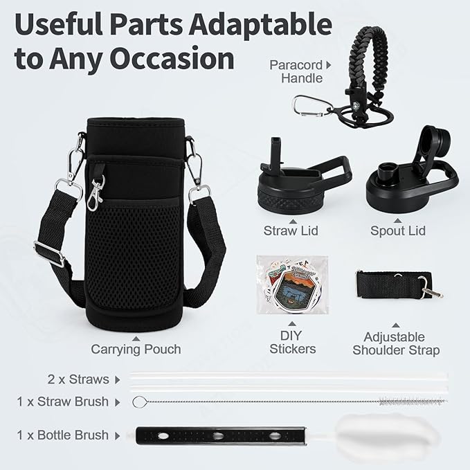 32 oz Insulated Water Bottle with Straw (Cold for 48 Hrs), Stainless Steel Triple Wall Vacuum Sports Water Jug, Leakproof Hydro Cup Flask with Paracord Handle & Straw Spout Lids & DIY Stickers
