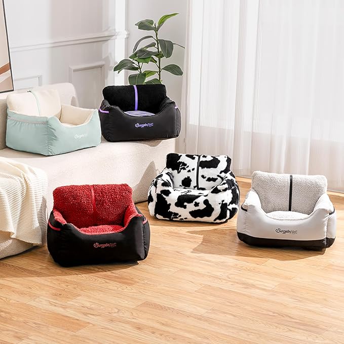 BurgeonNest Dog Car Seat for Small Dogs, Detachable and Washable Cat Carseats Under 25 lbs, Soft Pet Booster Seats with Storage Pockets and Clip-On Leash Portable Car Travel Carrier Bed, Milk Cow