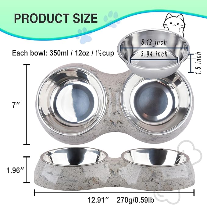 Double Dog Bowls with Non-Slip Tray, 2-in-1 Stainless Steel Pet Feeder for Dogs & Cats, Removable Easy-Clean Dishwasher Safe Bowls