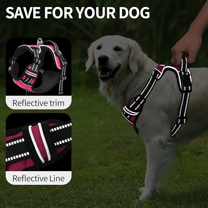 HEELE Dog Harness, No Pull Adjustable Padded Reflective Harness for Small Medium Large Dogs with Handle for Walking Training, Rose, M