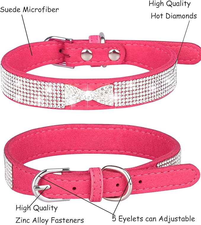 Bling Dog Collar for Small Medium Large Dogs, Crown Rhinestone Dog Collars for Girl and boy Dog, Diamond Puppy Collars, Adjustable Leather Suede SOFE Cat Collar (S(10.6"-13"/27CM-33CM), Rose Red2)