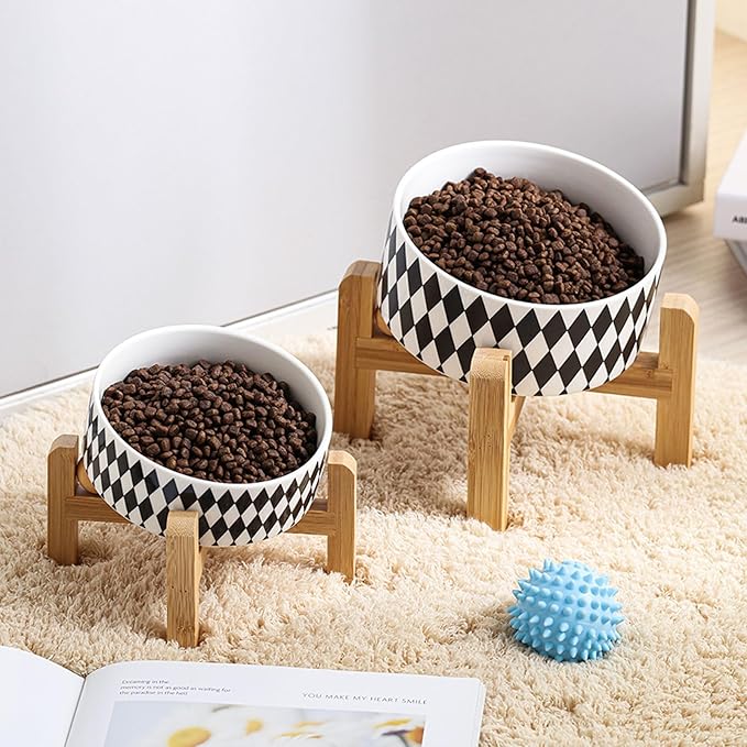 Petygooing Raised/Elevated 15°Slanted Ceramic Dog Bowl for Small Breeds,Tilted Anti Slip Pet Bowl,Food Water Dish with Stand for Cats and Small Dogs Puppy 13.5 OZ (5.1In / 1.7 Cups) Black Rhombus